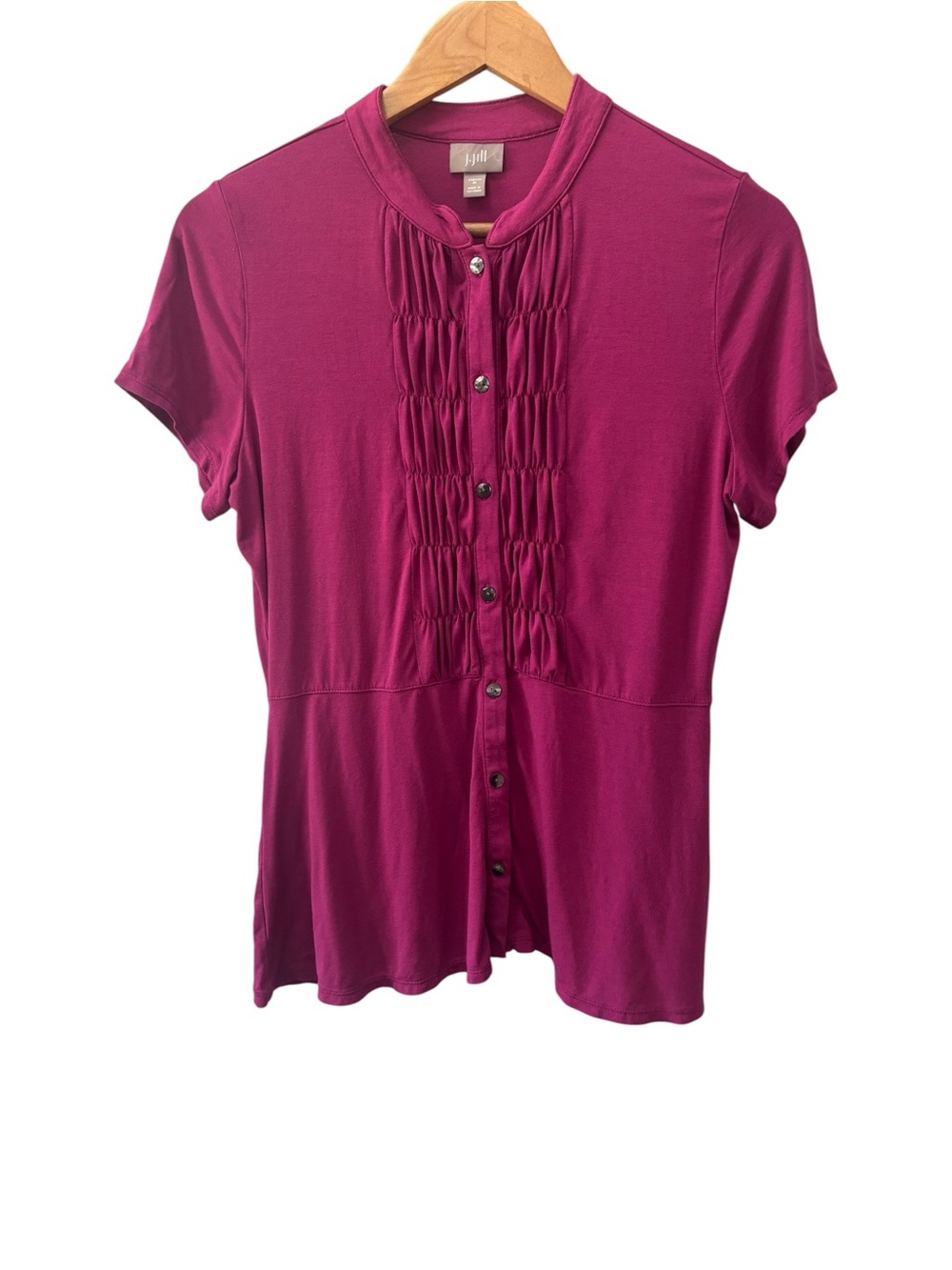 J. Jill Stretch Pintuck Tee Berry Pink Womens Size Medium Button Front T-Shirt
